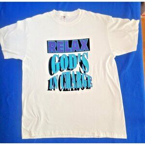 Relax God's In Charge Vintage Jesus White T-Shirt Men's Size Large